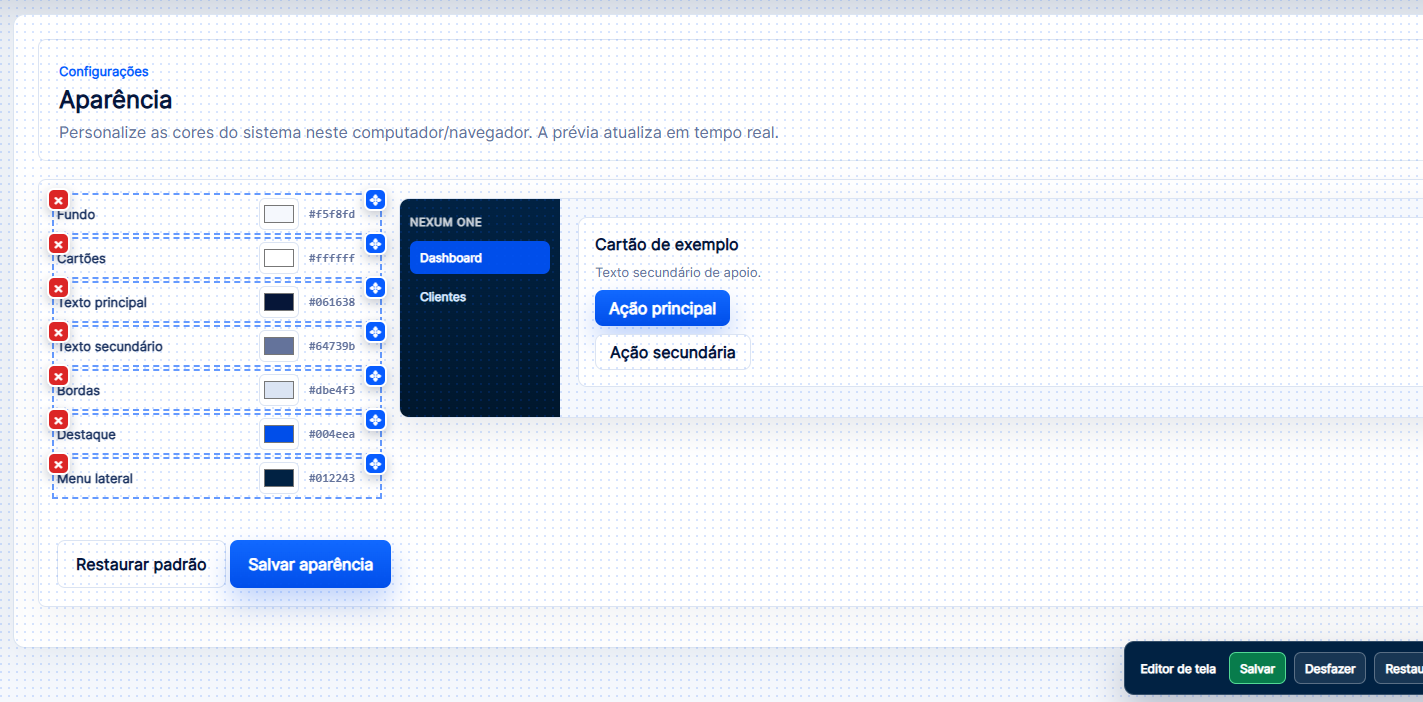 Editor visual do OneNexum mostrando blocos que podem ser reorganizados ou removidos